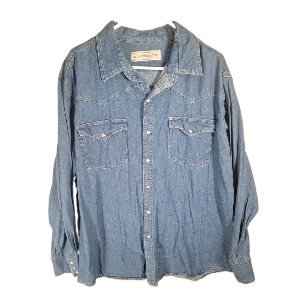 Bit & Bridle Denim Western Shirt Mens 2X Pearl Snap Long Sleeve Cowboy Yoke Blue